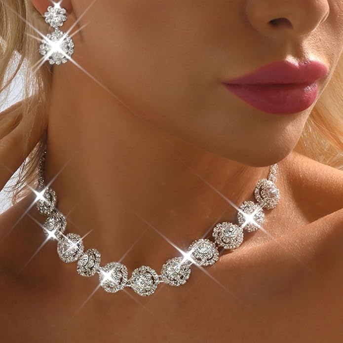 Unicra Bridal Wedding Jewelry Set Silver Rhinestone Necklace Earrings Sets Formal Costume Jewelry for Women and Brides