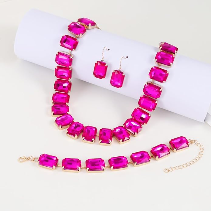 KOSMOS-LI Rectangle Faux Crystal Jewelry Sets Includ Necklace Bracelet Earrings For Women Stocking Stuffers