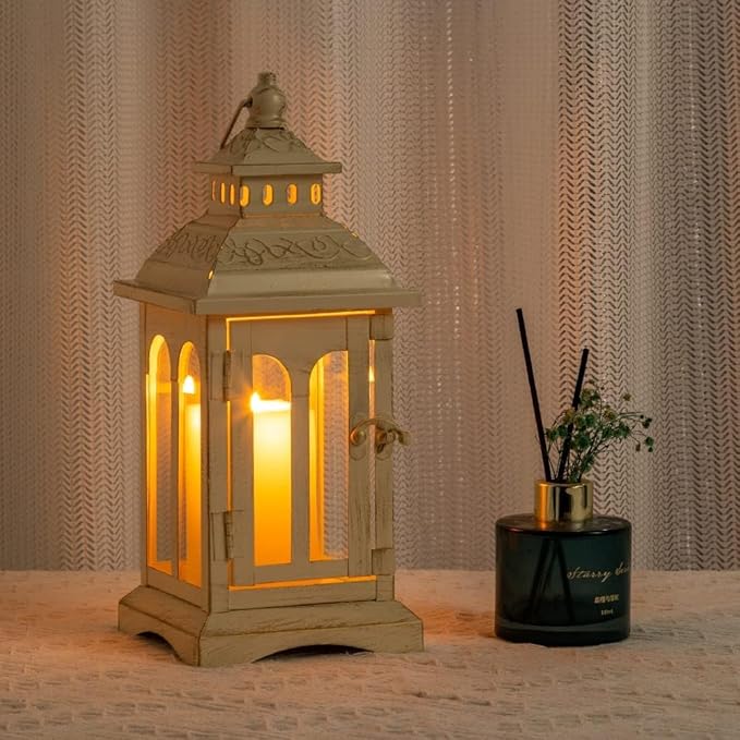 DECORKEY Lanterns Decorative Indoor & Outdoor, Medium Hanging Home Decor, Vintage Metal Decorative Candle Lanterns for Outdoor Patio Wedding Party Beige with Copper Brush