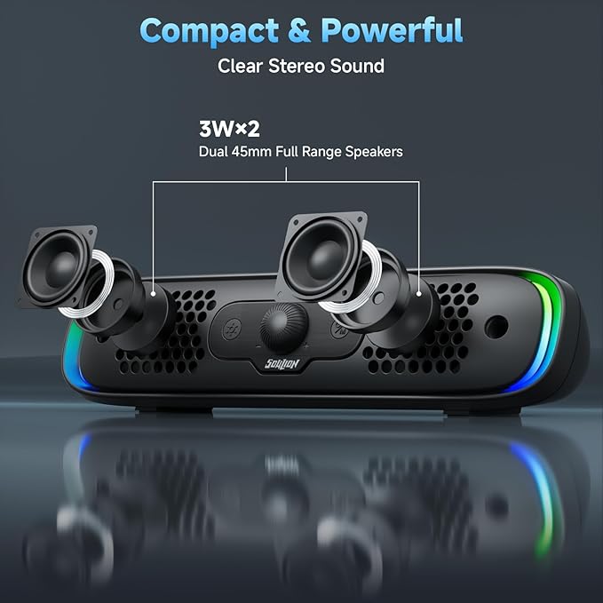 SOULION R200 Bluetooth Computer Speakers, Compact PC Speakers, USB C/USB Plug & Play Desktop Speaker with Colorful LED Lights, Clear Sound PC Soundbar for Computer Desktop Laptop Monitor