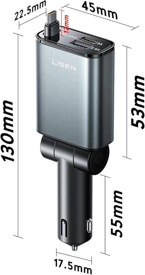 LISEN iPhone 16/15 Car Charger USB C Fast Charging Retractable,【60% Less Space,Mini】 57W Fast iPhone 16/15 USBC Type C Charger for 17 iPhone 16 15 Pro Max Plus,Samsung Galaxy S25/24 Z,Android