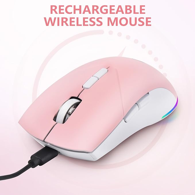 Wireless Bluetooth Mouse, 2.4G and Bluetooth 5.2 Ergonomic Rechargeable USB Optical Mouse, 3 Adjustment DPI, 1600 DPI Dual Mode Silent Wireless Mouse for Mac,Laptop, PC, Windows. (Pink)