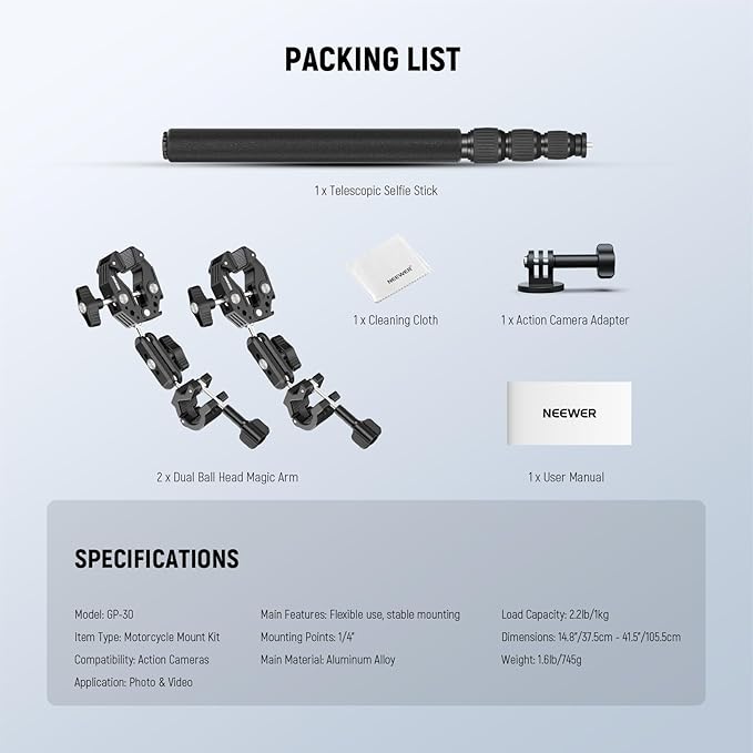 NEEWER Motorcycle Camera Mount Kit, Bicycle Handlebar Invisible Selfie Stick, 360° Ball Heads, Super Clamps & Cleaning Cloth, Compatible with GoPro Insta360 DJI AKASO Action Cam Video Recording, GP-30