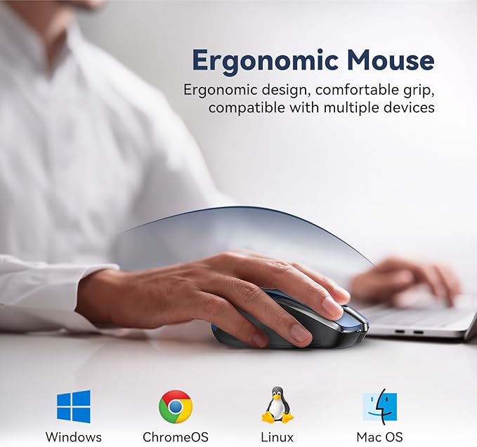 Bluetooth Mouse (BT5.0/3.0 & 2.4G) Rechargeable Wireless Mouse, 4800 DPI Optical Tracking, 6 Adjustable DPI, 2.4GHz with USB A Receiver, Quiet Clicks, Ergonomic Grips, 6 Buttons - Blue