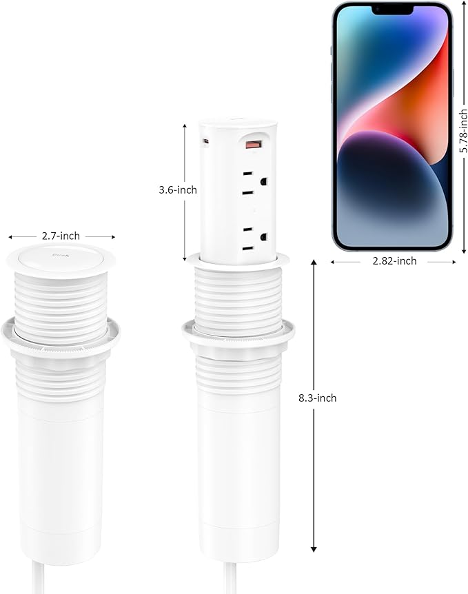 Pop up Outlet for Countertop,2.5-inch Hole Desktop Power Grommet,Recessed Power Strip,20W USB C Fast Charging,4 Outlets 4 USB Ports,15Amp Tamper Resistant Receptacle,White