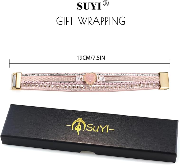 Suyi Multilayer Leather Wrap Bracelet Heart-Shape Wide Cuff Bracelets for Women