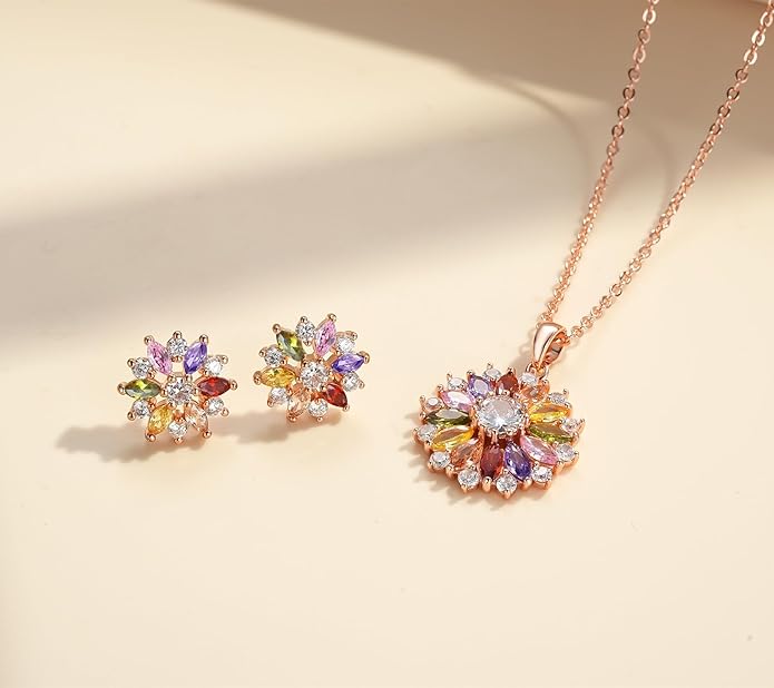 VONSSY Colorful Snowflake Pendant Necklace Earrings Rose Gold 5A Cubic Zirconia | Crystal Sweater Chain | Multi Gemstone Garnet Amethyst Morganite Peridot Prom Rhinestone Necklaces for Women Vintage Stylish Gift