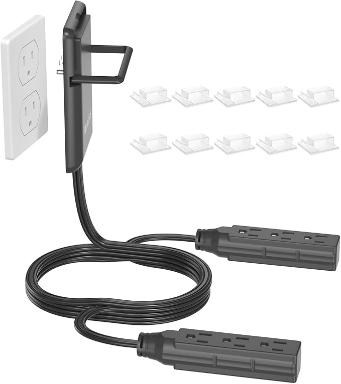 6FT Ultra Flat Plug Dual Extension Cord with 6 Outlets, Ultra-Thin Outlet Cover Power Bar, Outlet Concealer Universal Size Flat Plug Power Strip, Child & Pet Safe, 1625W, Black