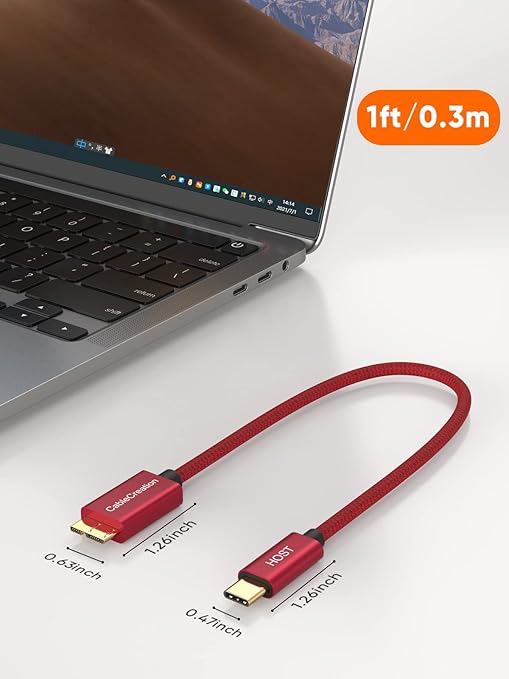 CableCreation 1FT USB C to Micro B Cable,10Gbps Speed External Hard Drive Braided,USB 3.1 Type C to Micro B Work for iPhone 15 Series,Seagate WD Westgate My Passport,MacBook Pro/Air, iPad/Tablet,Red