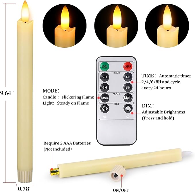 Flameless Candles with Remote: 8 Pack Battery Operated Window Candles 9.6" Real Wax LED Flickering Flameless Taper Candles 3D Wick Lights Halloween Christmas Wedding Birthday Party Decorations (Ivory)
