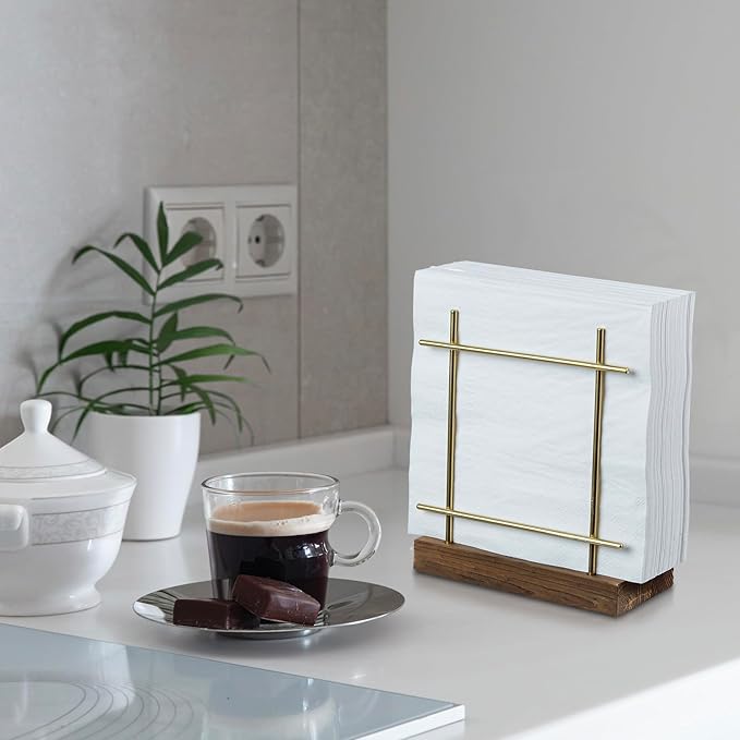 MyGift Napkin Holder for Table, Wire Metal Napkin Dispenser with Wood Base Kitchen Countertop, Contemporary Brass-Tone Tabletop Dining Decor