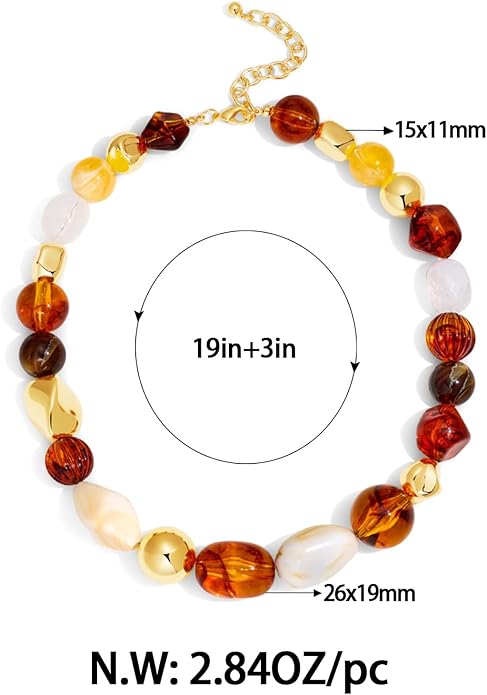Chunky Beaded Necklace For Women Vintage Resin Bead Statement Necklace Adjustable Amber Stone Necklaces Hypoallergenic Boho Jewelry Gift