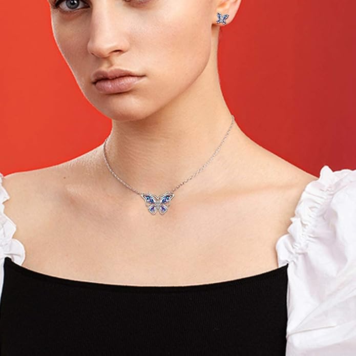 925 Sterling Silver Birthstone Butterfly Jewelry Women Crystal Animal Cute Butterflies Birthday Necklace/Earring/Ring/Bracelet Sets Birth Stone Statement Anniversary Jewellery