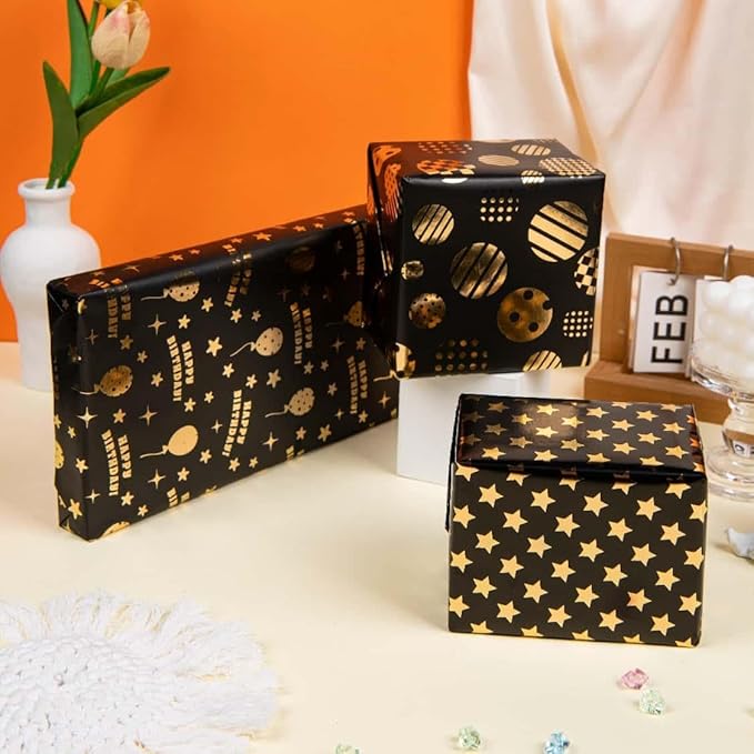 Birthday Wrapping Paper Roll -3 LARGE ROLL-27inch*78 inch per roll Colorful Foil wrapping paper Design for Holiday, Party, Celebration (Birthday 3 Black/Gold(010))