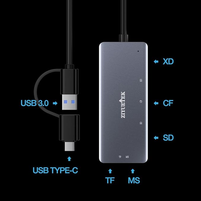 SD Card Reader, Aluminum 5in1 USB USB-C to SD Micro SD MS CF XD Card Reader Adapter Compatible with iPhone 15/16/Pro/Max, MacBook Pro/Air 2023, iPad Pro, iMac, S23, XPS 17, Surface Book 3 and More