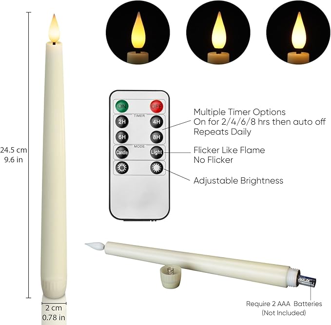 Homemory Waxy Flameless Taper Candles (2 PCs) with Remote, LED Flickering Classic Tall Candles - Ivory, 9.6 inches, Ideal for Home, Wedding, Party