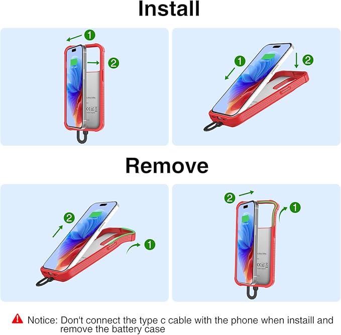 GIN FOXI Fast Charging Battery Case for iPhone 15 Pro Max/15 Plus, 8000mAh 15W Ultra Slim Charger Case Rechargeable Portable Extended Power Bank Case Cover Battery Pack Built-in Cable, Red(6.7”)
