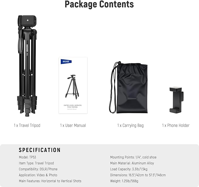 NEEWER Entry Level Version Tripod for Cell Phone & Camera, Metal Lightweight Portable Travel Stand with Cold Shoe Cellphone Holder Mount Compatible with iPhone for Video Recording Filming, TP53