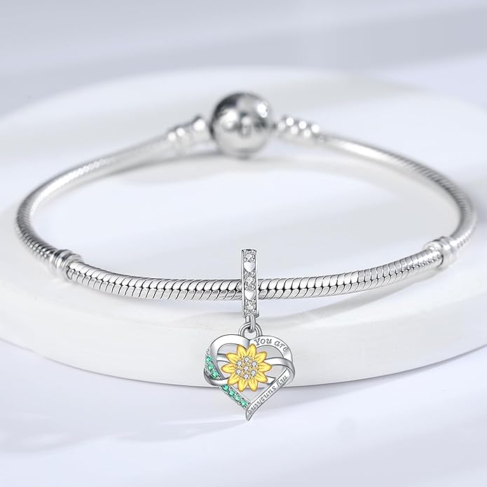 925 Sterling Silver Sunflower Charms Fit Pandora Charms Bracelet Forever In My Heart Fit Wife Mother's Day Christmas Birthday Gift