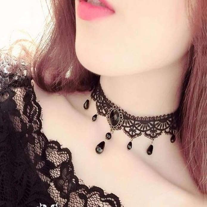 Halloween Elegant Sexy Women Lady Retro Gothic Punk Style Necklace Black Lace Neck Chain Collar Statement Choker Victorian Steampunk Jewelry Party Wedding Princess,5 Pieces/Set