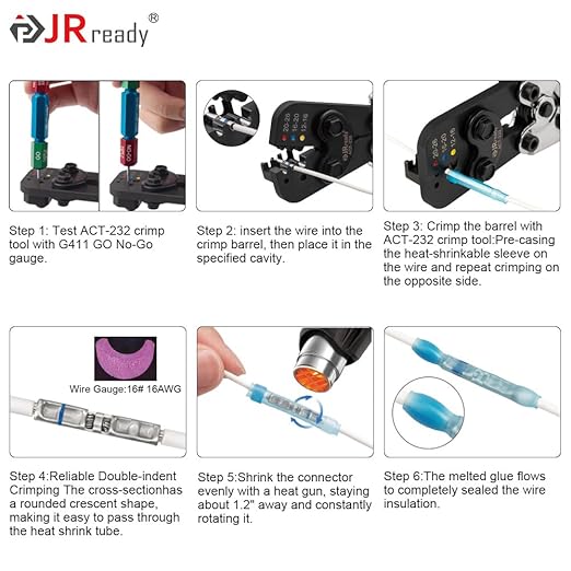 JRready ST6488-12-100 M81824/1 Series Waterproof Heat-Shrinkable Splice Kit 100Sets Butt Crimp Splices16-12AWG with PVDF Tubes Butt Splice Connectors with ACT-232 Crimp Tool G411 Go-No Go Gauge