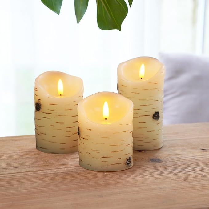 Homemory Birch Flameless Candles, LED Pillar Candles, Battery Operated Candles with Timer and Remote Control, D3 H4 5" 6", Wax, Set of 3