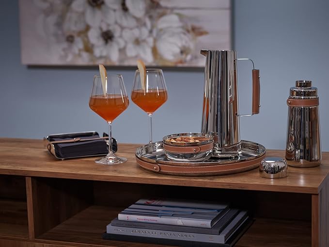 Nambe - Tahoe Collection Stainless Steel Napkin Holder with Raised Edges and Leather Clasp 7" x 2" - Leather Accent is Removable