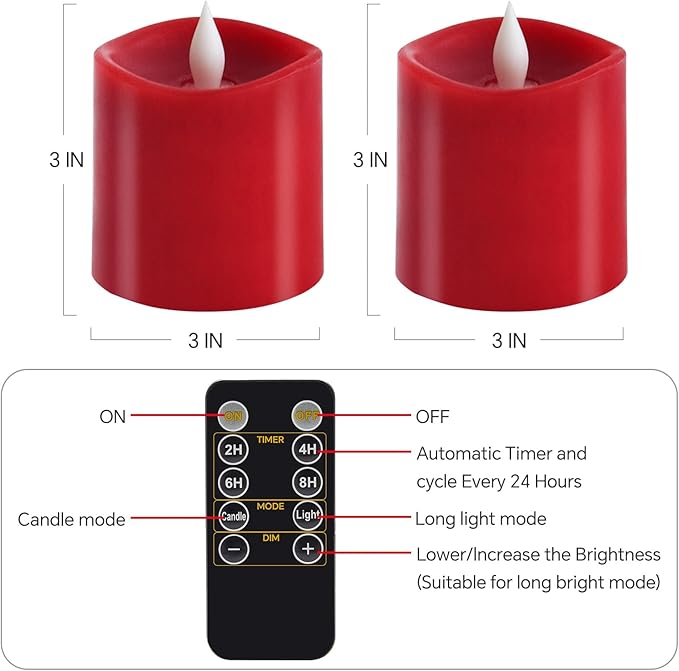 3x3 Flickering Flameless Candles Set of 2, LED Battery Operated Candles, 3 inch Flameless Candles with Remote Control, Suitable for Wedding Holiday Decoration,Red