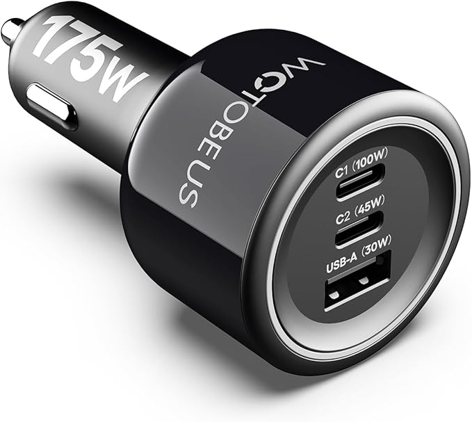 WOTOBEUS 175W Car Charger Dual USB C Adapter: PD 100W & PPS 45W - Super Fast Charging for iPhone 15/14 Max, MacBook Air, iPad Pro, Samsung Galaxy S24/S23 Ultra, Pixel & More Type C Laptops, Grey