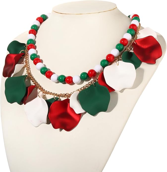 Flower Petal Necklace Earrings Set Layered Statement Beaded Jewelry Set for Women Summer Necklace Earrings