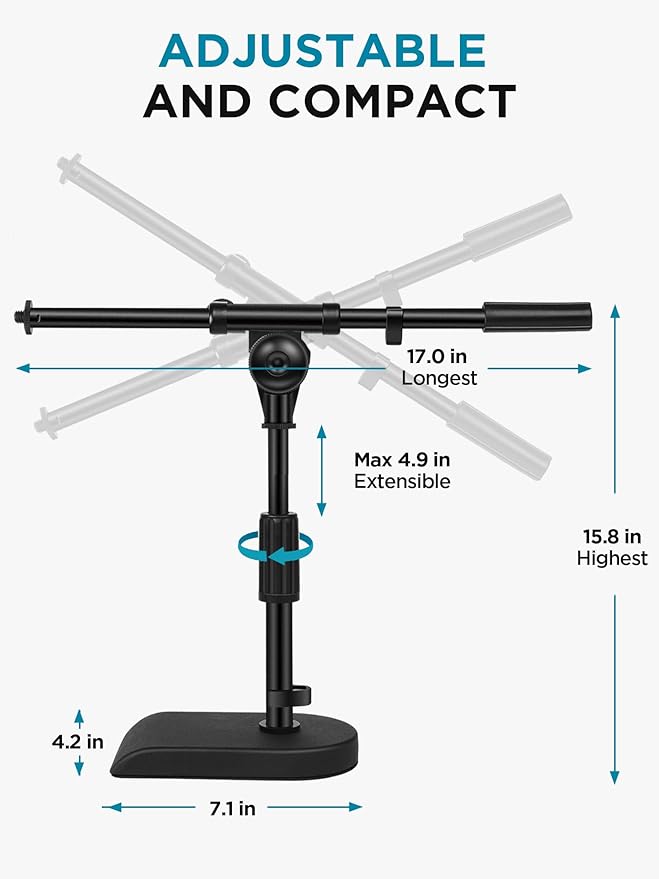 InnoGear Adjustable Desk Microphone Stand, Weighted Base with Soft Grip Twist Clutch, Boom Arm, 3/8/'' and 5/8/'' Threaded Mounts for Blue Yeti and Blue Snowball, Kick Drums, Guitar Amps, Black