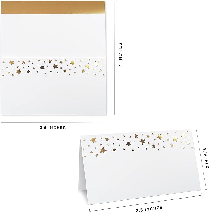 CLEVER SIGNS 100 Pack Gold Place Cards for Wedding Party Reception, 2" X 3.5, Double Design, Gold Foil Stars and Line, Scored for Easy Folding, Place Cards for Table Setting