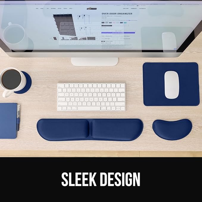 GORILLA GRIP Silky Gel Memory Foam Keyboard Wrist Rest and Mouse Pad for Computer, Ergonomic Design Typing Support, Desk Office Supplies, Hand & Arm Mousepad Cushion and Coaster 4 Piece Set Navy Blue