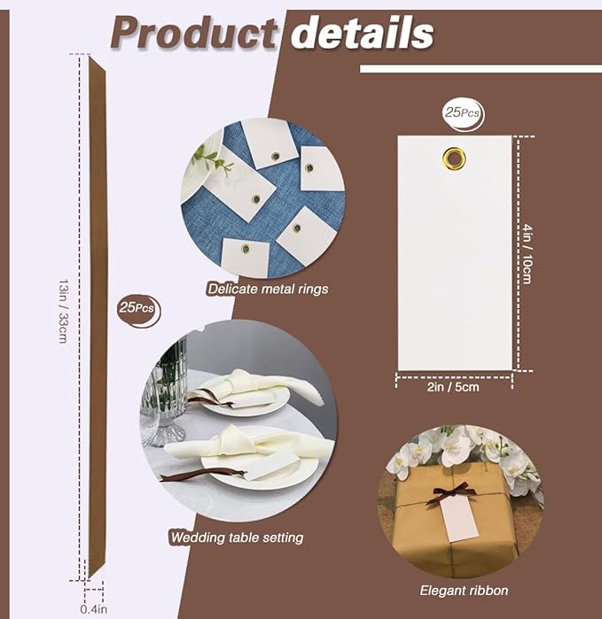 25 Pcs Name Place Cards Blank Seat Card, 2 x 4 in Table Cards with Stain Ribbon, Wedding Place Card, Hanging Tags for Wedding table Setting Reserved Chairs Signs Dinner Banquet Parties.(Brown)