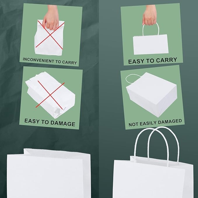 METRONIC Paper Gift Bags 16x6x12'' 200Pcs White Paper Bag with Handles Bulk for Small Business, Birthday Wedding Party Favor