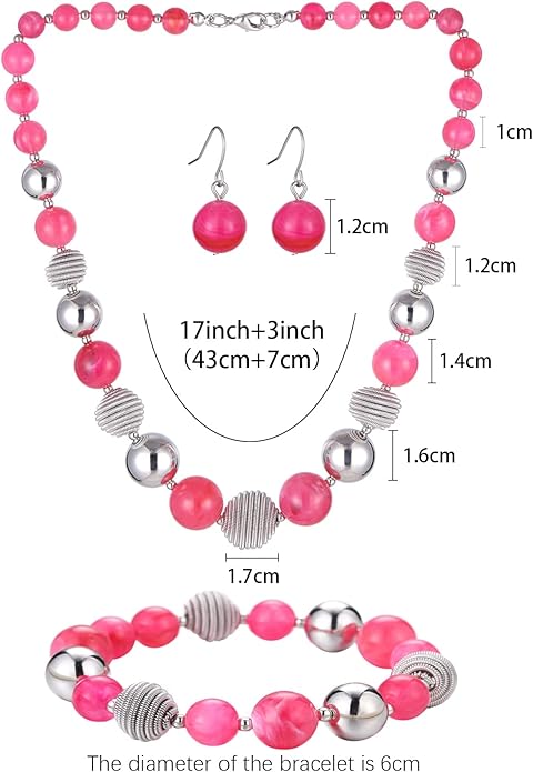 PEARL&CLUB Beaded Chunky Statement Necklace Earring and Bracelet Set Silver Metal Bead Fashion Jewelry Set Mothers’ Day Gifts for Women