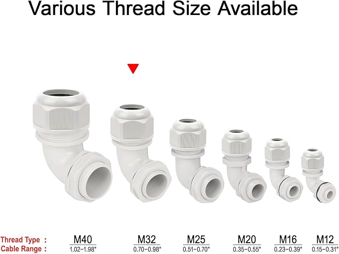 LeMotech M32 Cable Gland, 90 Degree Adjustable 18-25mm Strain Relief, Cord Connectors Nylon Joints with Gaskets, 2 Pcs, Grey