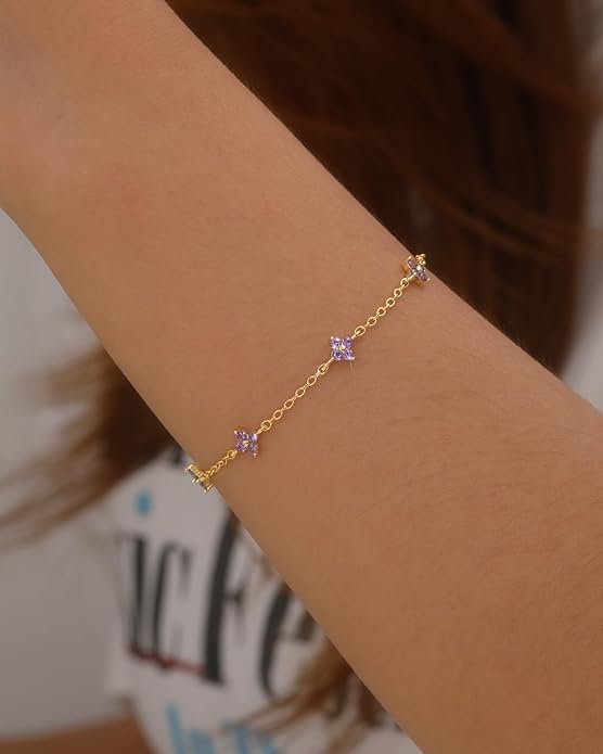 JSJOY Birthstone Bracelets for Women, 14K Gold Bracelets for Women Mom Gifts Birthday Valentines Day Gifts for Gf Dainty Flower Gift for Her Birthstone Bracelet Mothers Day Gift