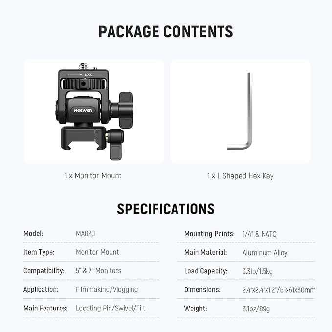 NEEWER Field Monitor Mount Monitor Holder with NATO Clamp, 360° Swivel, 180° Tilt, Anti Twist Screw Compatible with Atomos Ninja 5" & 7" Camera Monitor Compatible with SmallRig Camera Cage, MA020