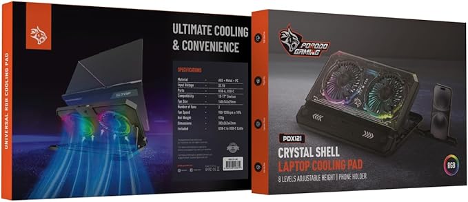 Gaming Crystal Shell Laptop Cooling Pad with Phone Holder, Dual High-Speed Fans, 8-Level Adjustable Height, RGB Lighting, Anti-Slip Base, USB-A & USB-C Ports – Black (for 10-17” Laptops)