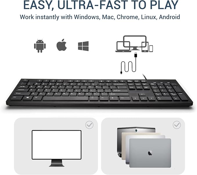 Computer Keyboard Wired, Plug Play USB Keyboard, Low Profile Chiclet Keys, Large Number Pad, Caps Indicators, Foldable Stands, Spill-Resistant, Anti-Wear Letters for PC Laptop (Black, 1-Pack)