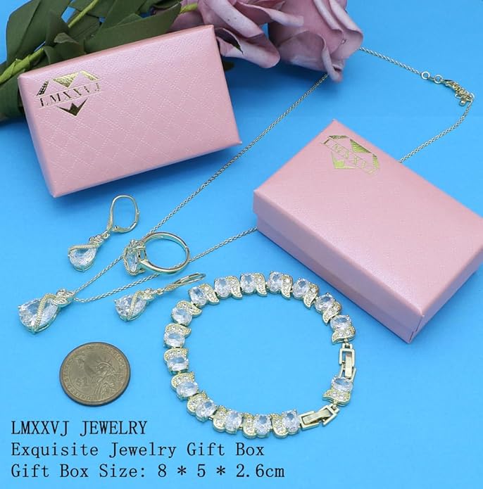 LMXXVJ Jewelry Set for Women,Teardrop Cubic Zirconia Necklace Earrings Adjustable Ring Bracelet Jewelry Set Formal Jewelry Gift