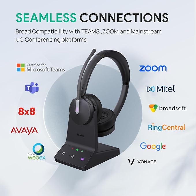 Yealink WH64 DECT & Bluetooth Dual UC Zoom Wireless Headset, 606 ft Range On Ear Work Headphones with 3X Noise Cancelling Mic, 32H Talk Time, Ringer, Office Headsets for Desk Phone, PC,Cellphone