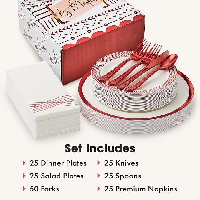 By Madee HEAVYWEIGHT 175 Pc Christmas Plates and Napkins Disposable | White with Red Trim Plastic Plates, Silverware & Napkins | Fancy Disposable Dinnerware Set for Weddings & Party (25 Guests)