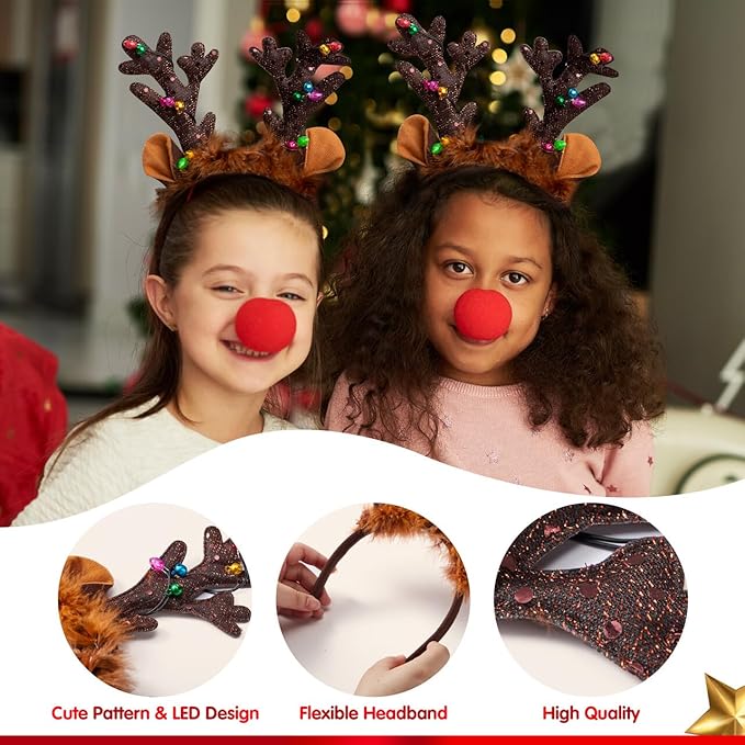 JOYIN Christmas 2PCS Reindeer Headband, Light-Up LED Antlers Reindeer Hat Holiday Headbands for Christmas Party Supplies and Holiday Parties Favors (ONE SIZE FITS ALL)