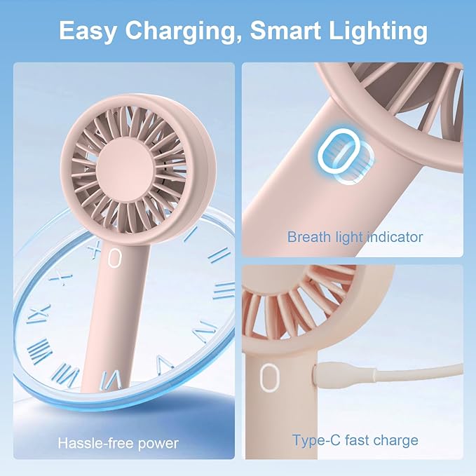 Portable Handheld Fan, USB Personal Fan Rechargeable Battery Operated 10H Working Cooling Time Mini Small Design with Base for Desktop/Travel/Outdoor/Vacation/Concerts/Lash Makeup-Pink