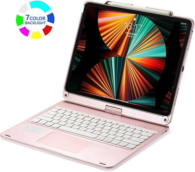 360° Rotatable Keyboard Case for iPad Air 13 inch (M3/M2-2025/2024)/Pro 12.9 (6th, 5th, 4th, 3rd Gen) with TouchPad, Backlits Aluminum Alloy Smart Case with trackpad Keyboard, Rose Gold
