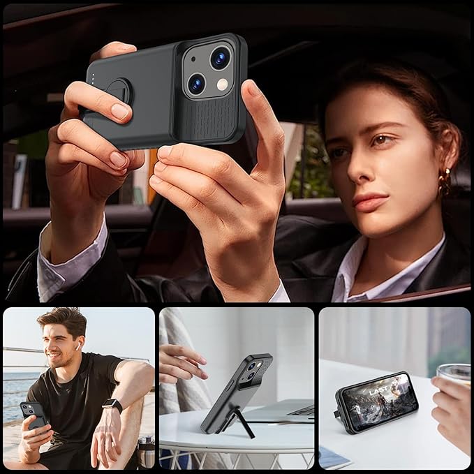 Battery Case for iPhone 15/15 Pro, Charging Case with Stand 7000mAh Rechargeable Ultra-Slim Anti-Fall Protection Extended Battery Pack Charger Cover for iPhone 15/15 Pro Battery Case 6.1" Black