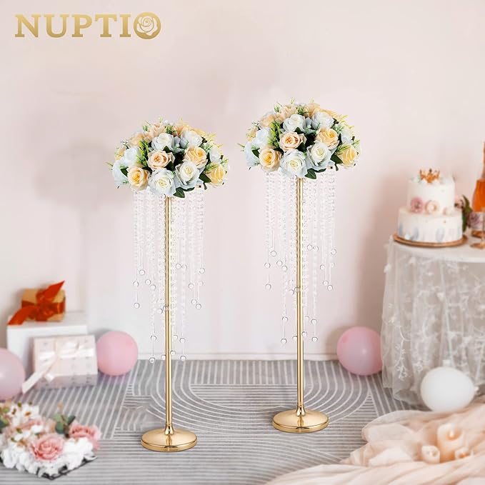 NUPTIO Gold Vases for Weddings - 10 Pcs 29.5in Tall Crystal Flower Stand Centerpieces