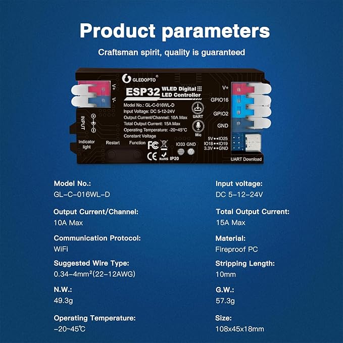 ESP32 WLED LED Strip Light Controller 15A Fuse Link Built in Mic UART Type-C Energy Saving Relay App Control Wago Wiring for RGB IC Addressable Digital WS2811 WS2812 SK6812 TM1814 WS2813 WS2815 etc